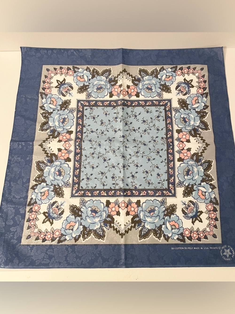 VTG Wamcraft Floral Bandana Blue Pink Made in USA RN 14193 Cottagecore